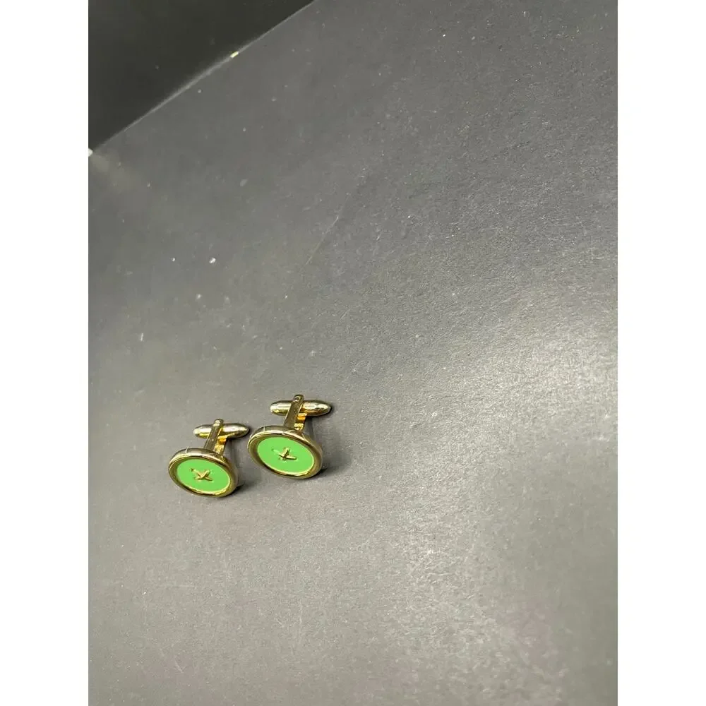 VTG Hickok USA Cufflinks Gold Tone Green Enamel Inlay Crisscross Bullet Back